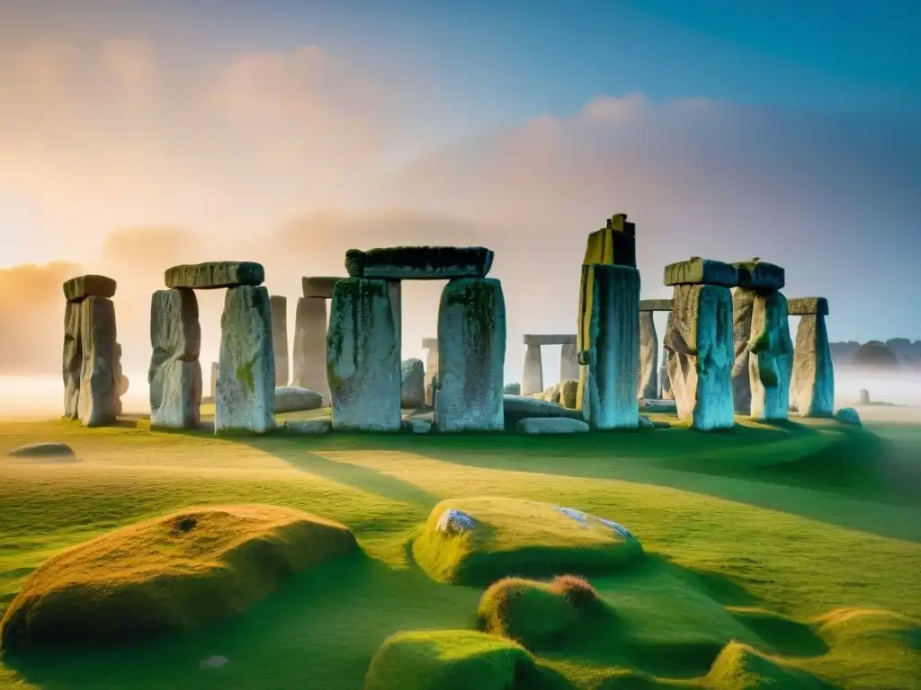 Vista detallada de Stonehenge al amanecer, con las antiguas piedras destacando en el cielo matutino