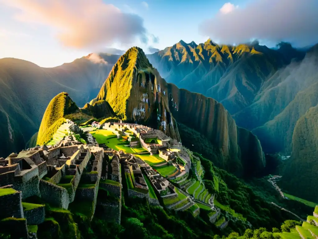 Vista detallada de Machu Picchu al amanecer, con estructuras incas bañadas en luz dorada entre montañas verdes y nubes