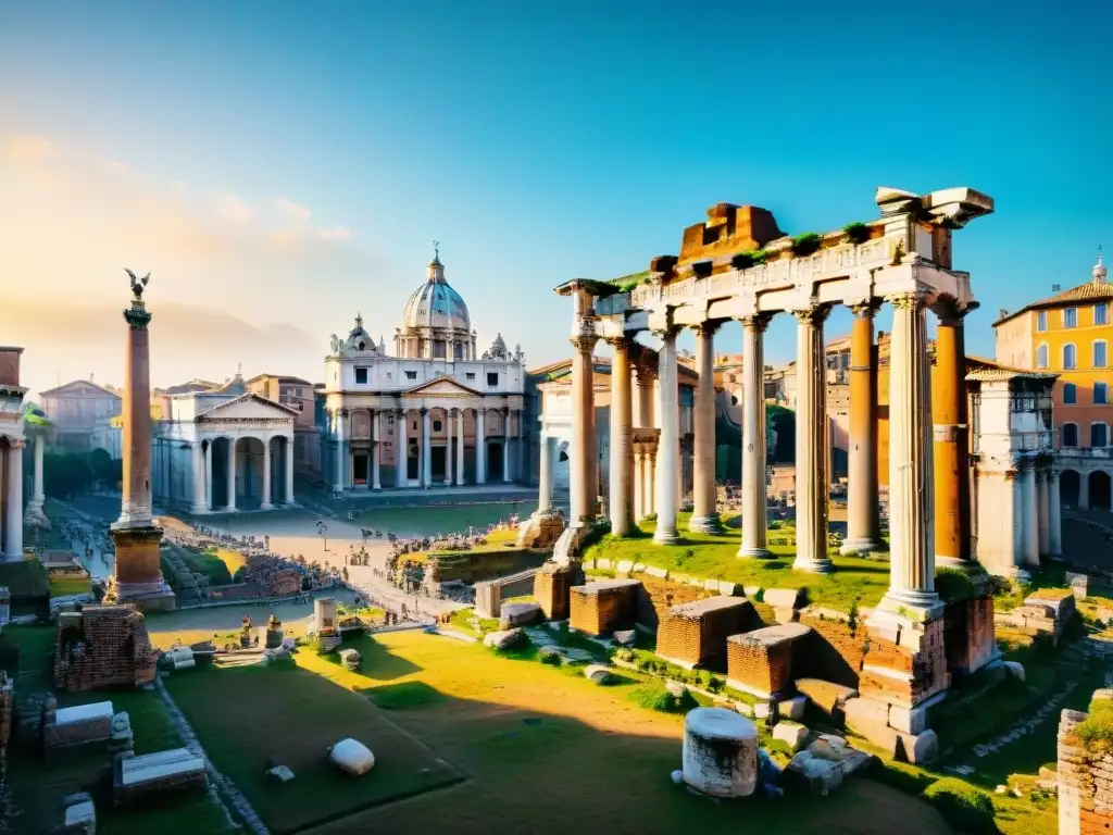 Vista detallada del Foro Romano en la antigua Roma, con ciudadanos y mercados bajo un cielo azul