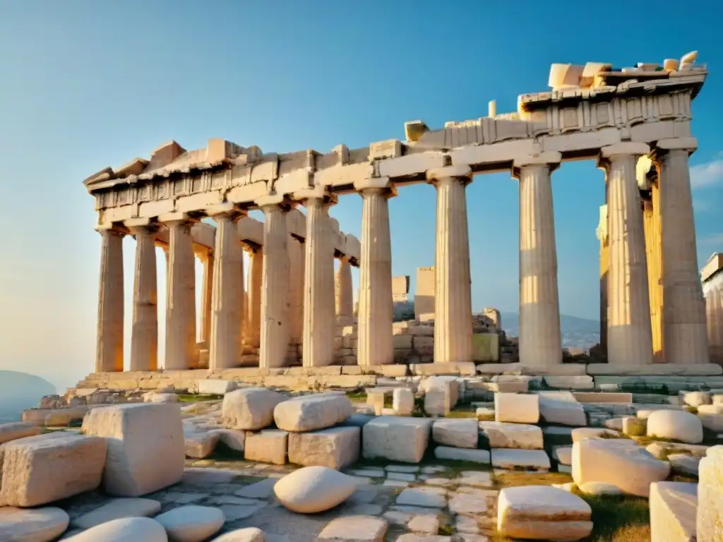 Vista detallada del majestuoso templo del Partenón en Atenas, con turistas admirando