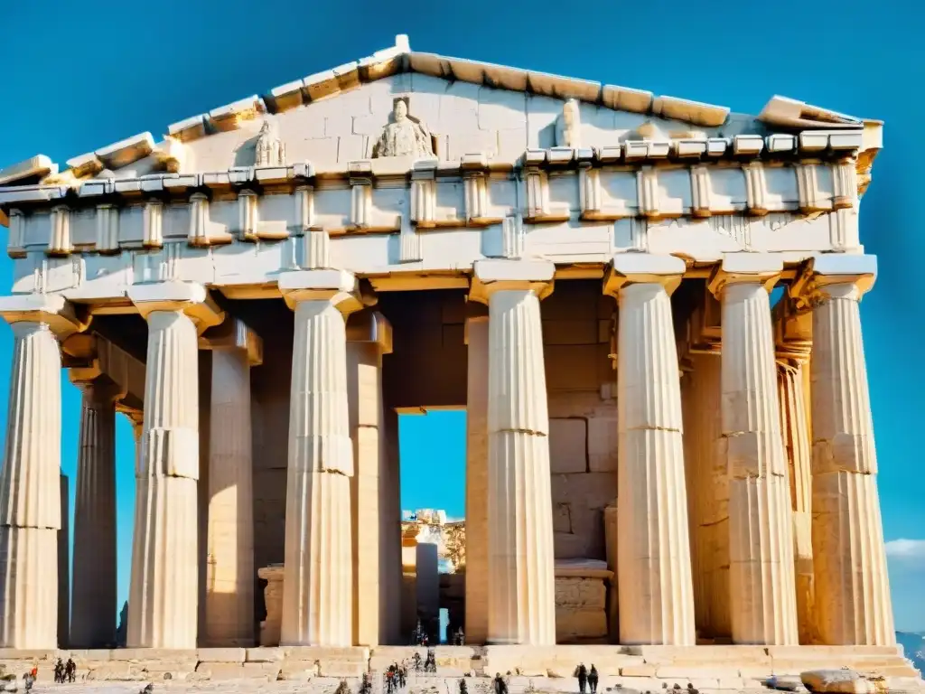 Vista detallada del Partenón en la Acrópolis de Atenas, Grecia, resaltando su arquitectura y columnas de mármol bajo un cielo azul