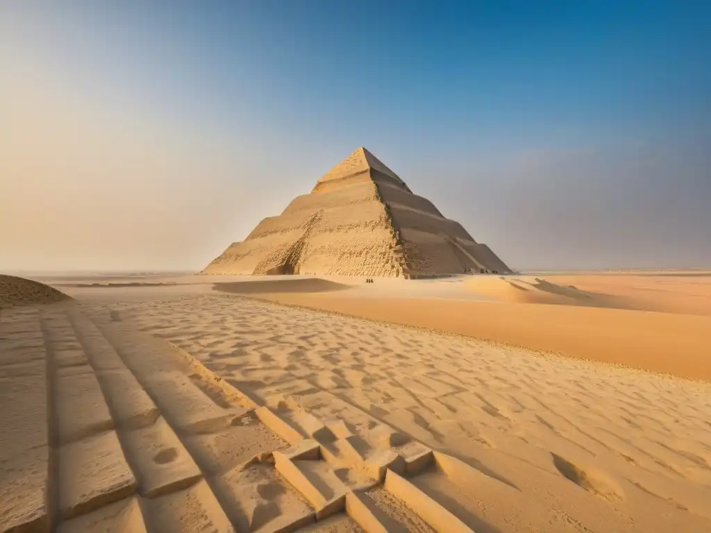 Vista detallada de la Pirámide doblada de Dahshur, misteriosa y majestuosa en el desierto egipcio bajo cielo azul claro