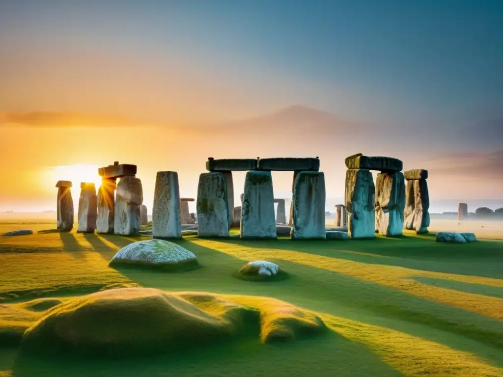 Vista detallada de Stonehenge al amanecer en el solsticio de verano, resaltando la alineación de las piedras con el sol