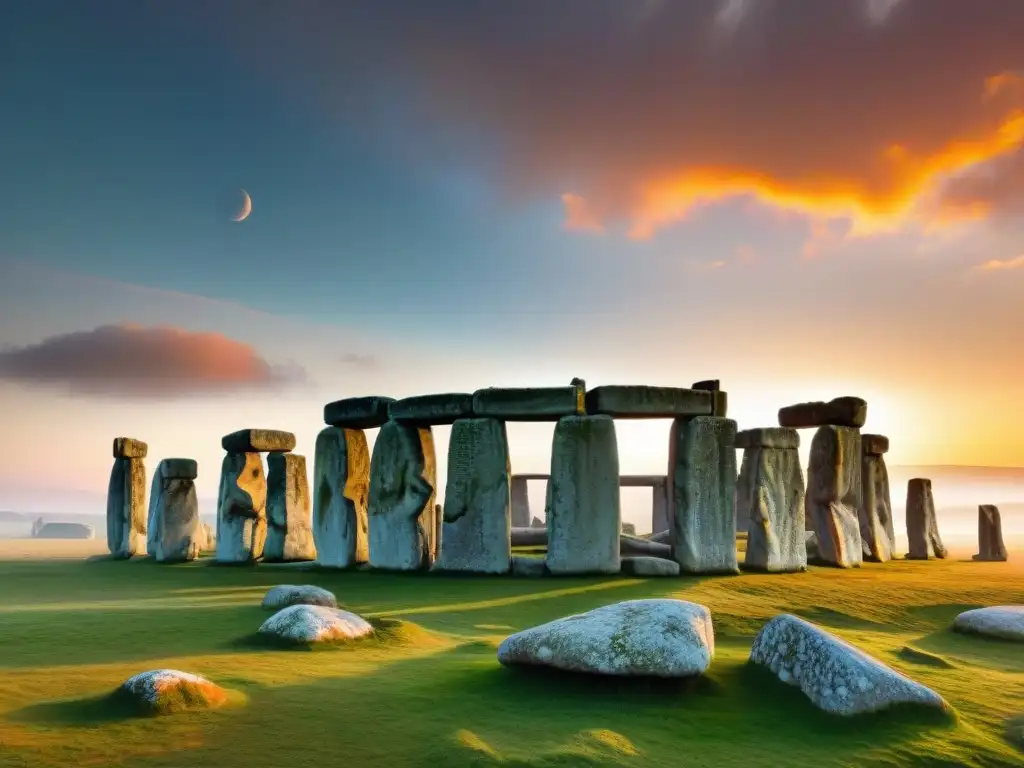 Una vista detallada de Stonehenge en el solsticio de verano, con el sol sobre la Piedra del Talón y una multitud admirando el alineamiento