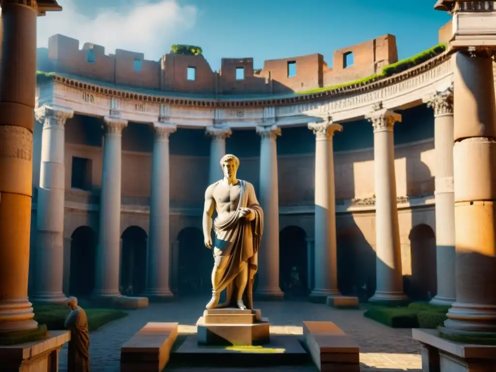 Vista detallada del Templo de César en Roma, con columnas de mármol, estatuas de emperadores divinizados y sombras dramáticas