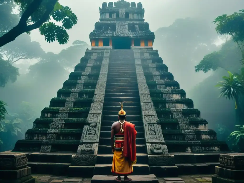 Vista detallada de un templo Maya con sacrificios humanos en civilizaciones antiguas