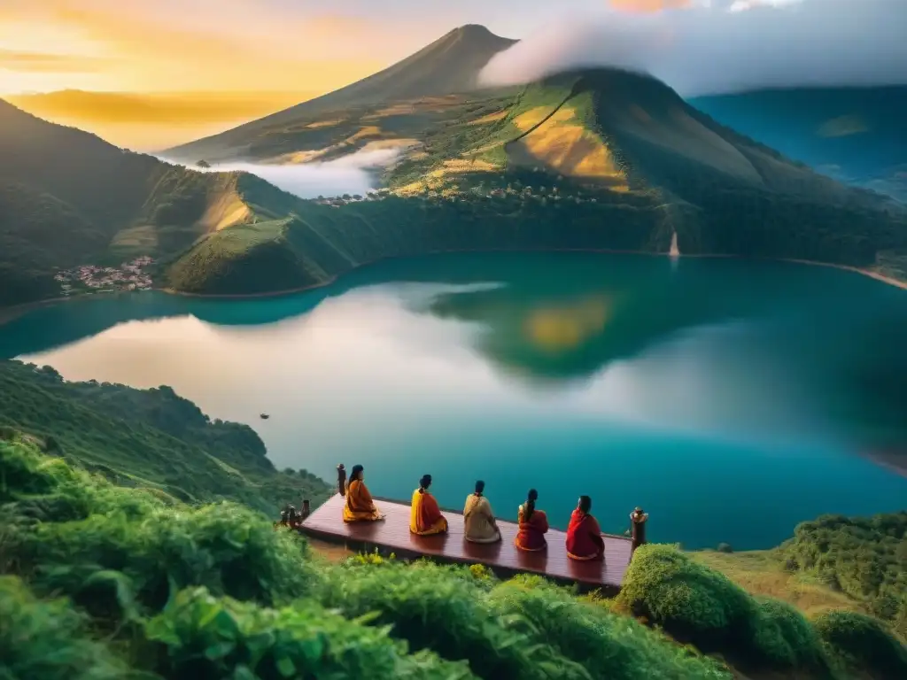 Una vista épica del Lago Guatavita al atardecer, donde se realiza la leyenda de El Dorado