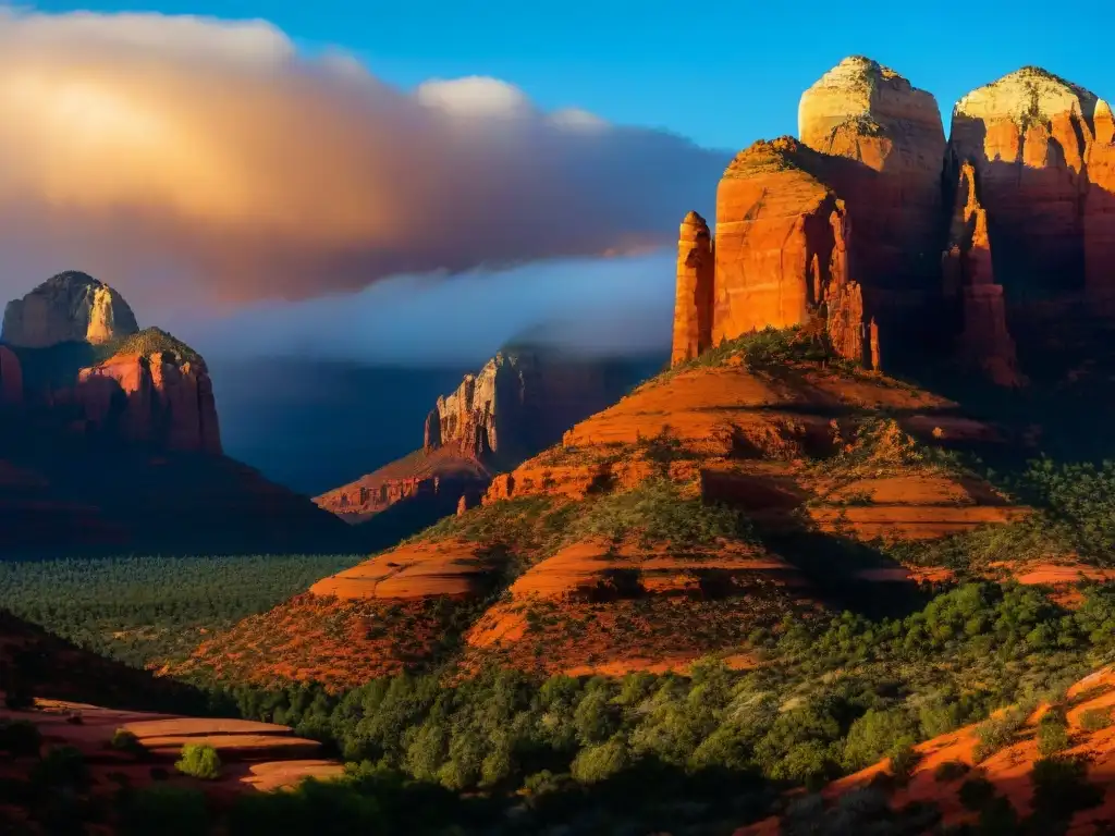 Vista impresionante de la majestuosa formación rocosa Catedral en Sedona, con el sol poniéndose detrás, iluminando en tonos dorados las rocas rojas