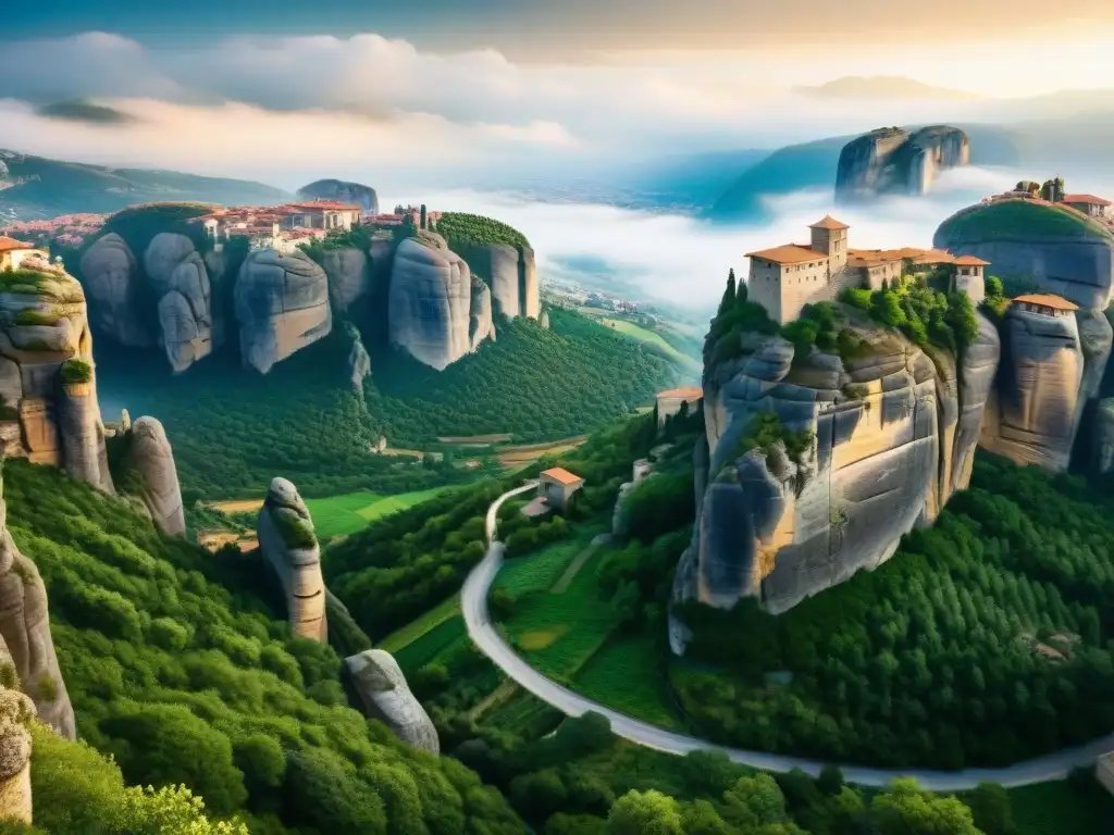 Vista impresionante de monasterios antiguos en Meteora, Grecia, revelando espiritualidad en la armonía entre estructuras y naturaleza