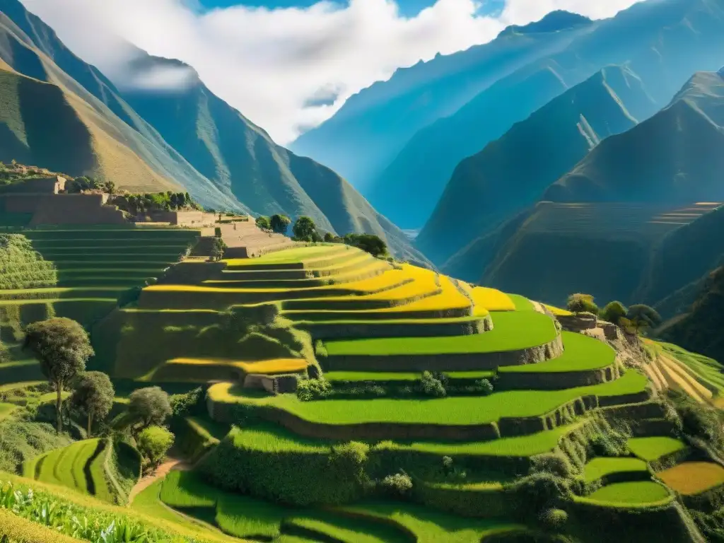 Vista impresionante de terrazas agrícolas incas en los Andes, destacando su adaptación al cambio climático