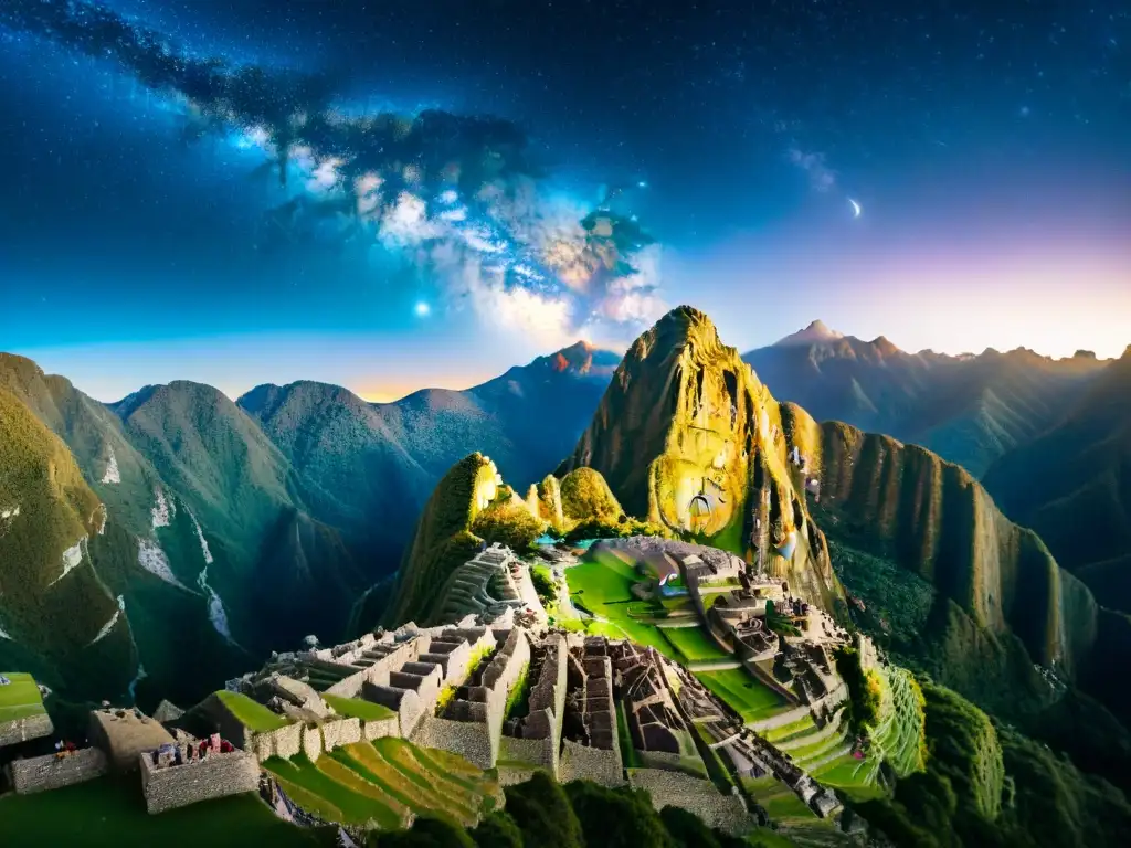 Vista mágica de Machu Picchu bajo un cielo estrellado con la Vía Láctea, destacando la Astronomía inca Machu Picchu