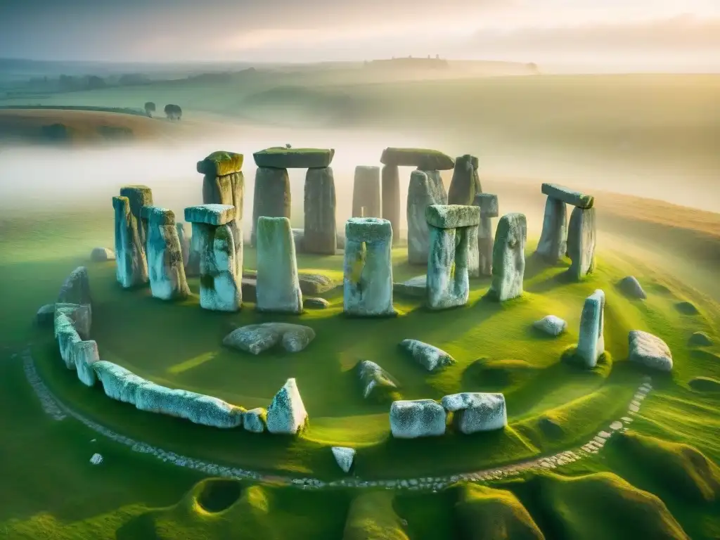 Vista aérea mística de Stonehenge, envuelto en niebla al amanecer, rayos de sol entre las nubes