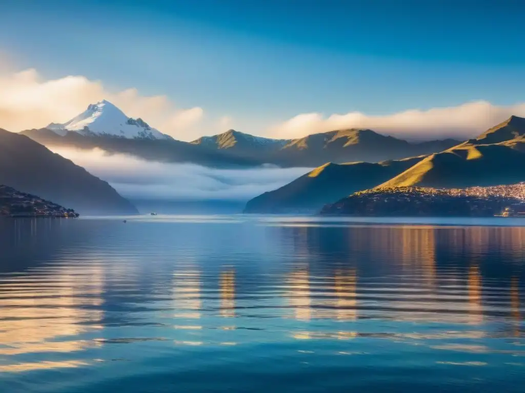 Vista mística del Lago Titicaca al amanecer, con las leyendas incaicas reflejadas en sus aguas serenas