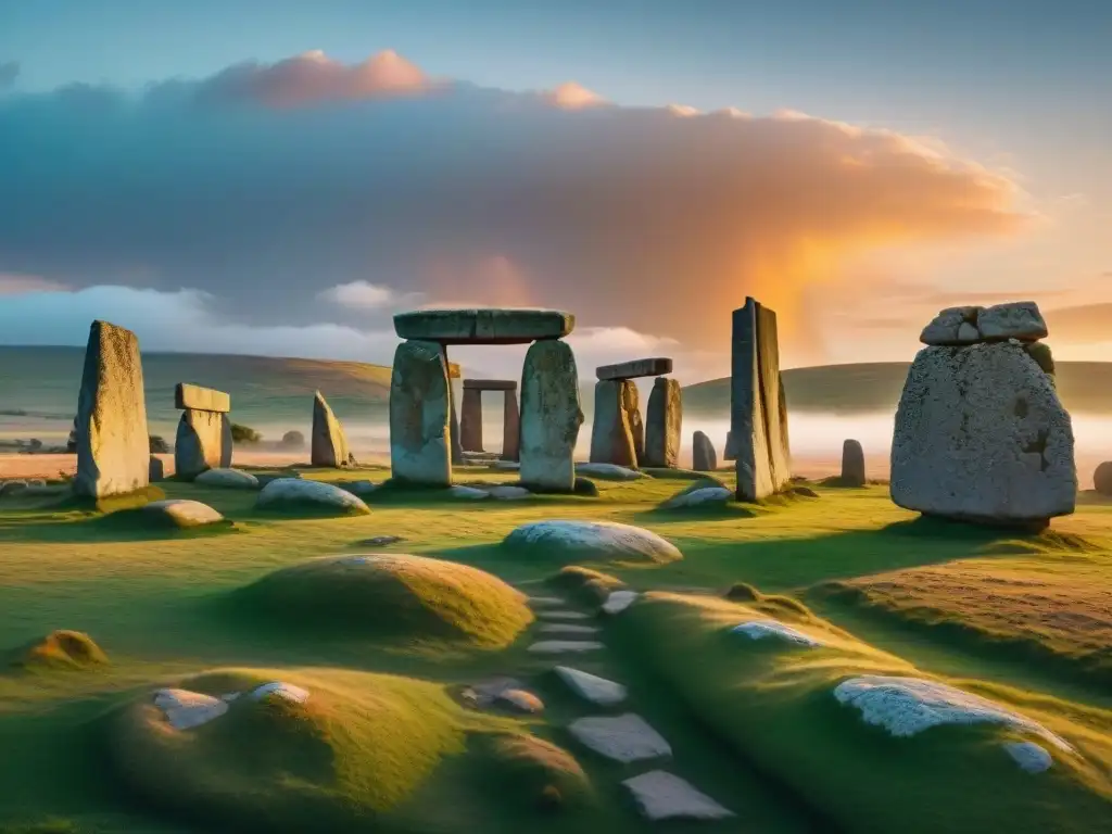 Una vista mística de menhires neolíticos en un paisaje ancestral al atardecer