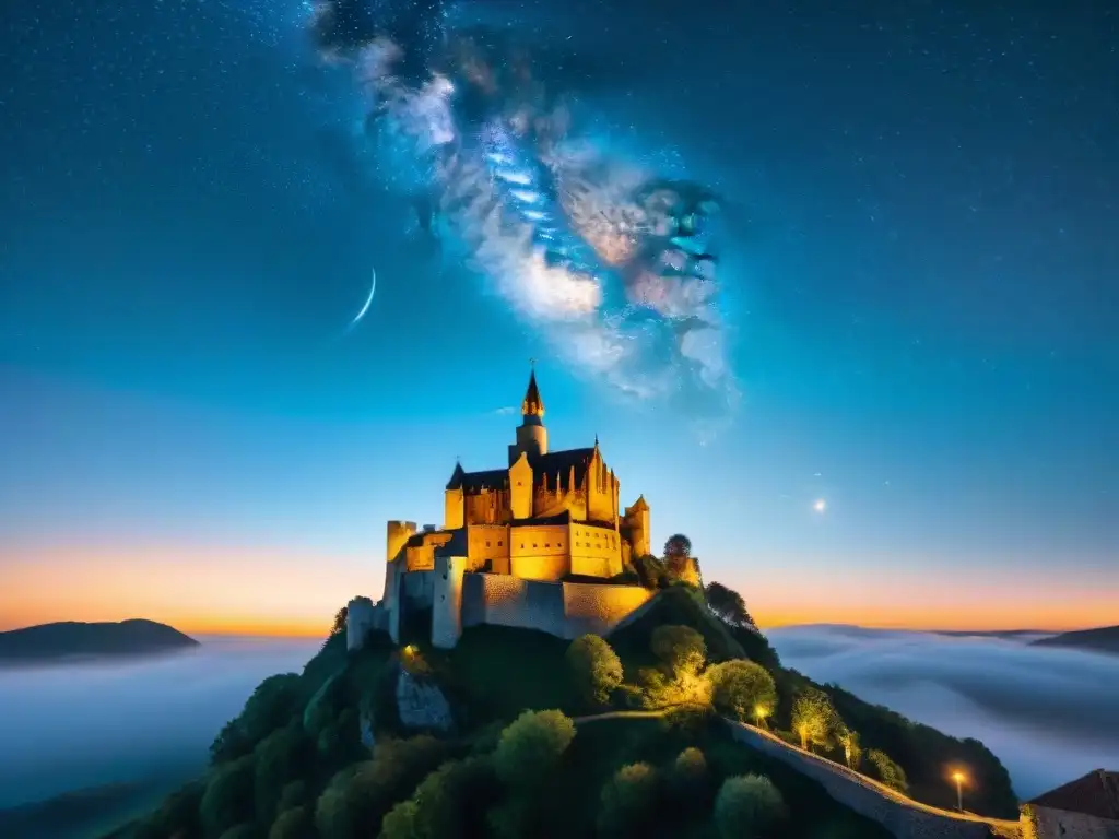 Vista nocturna del cielo sobre un castillo medieval, con constelaciones brillantes