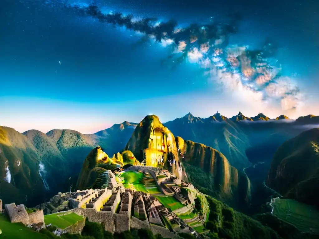 Vista nocturna de Machu Picchu con la Vía Láctea, conectando con Deidades astronómicas en civilizaciones antiguas