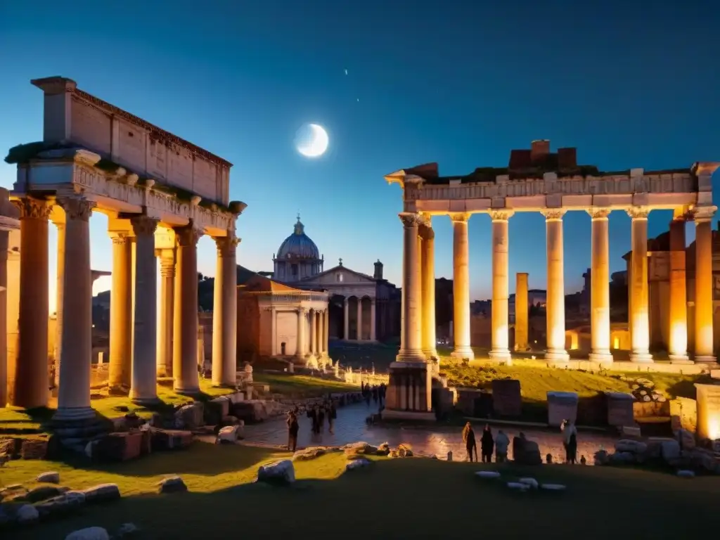 Vista nocturna del Foro Romano durante un eclipse lunar con figuras en ritual