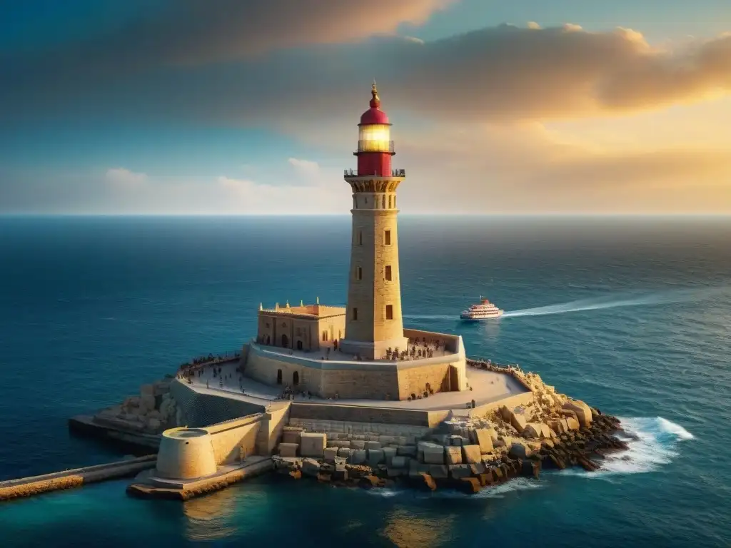 Vista panorámica detallada del majestuoso Faro de Alejandría, con barcos en el puerto y actividad bulliciosa alrededor