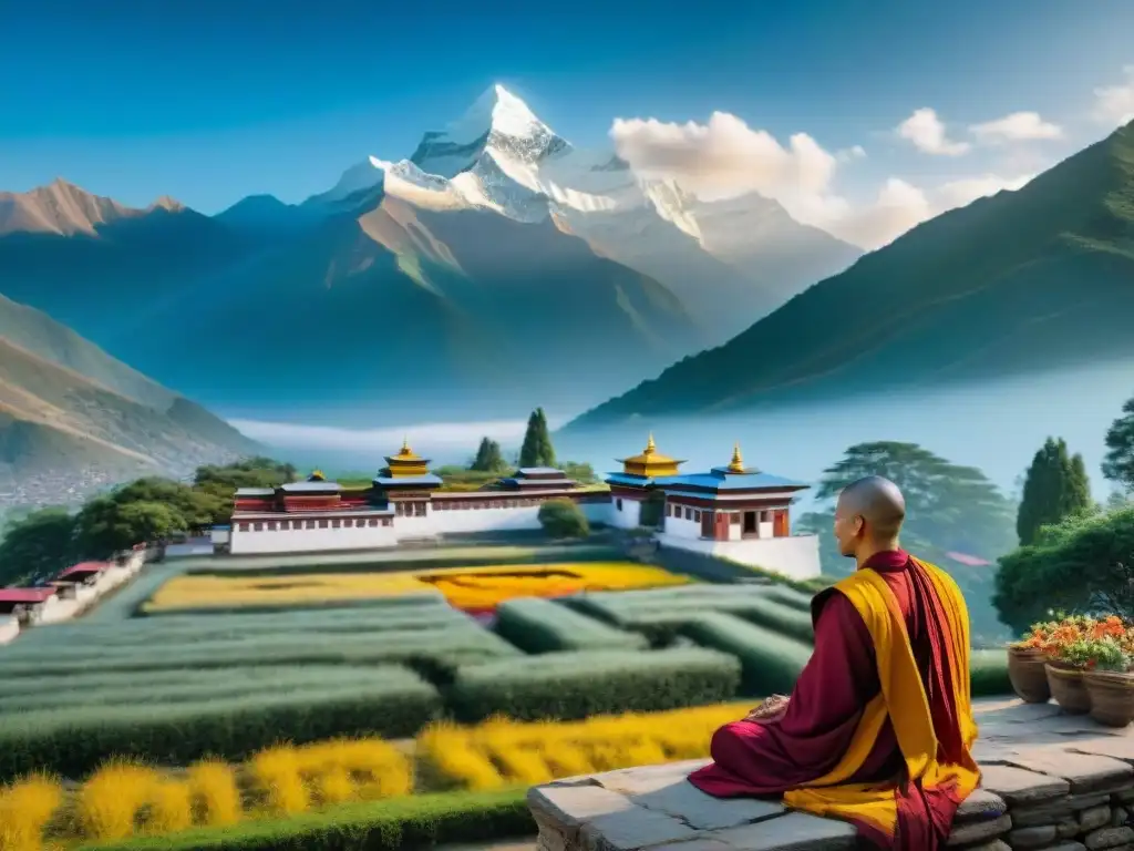 Vista panorámica de los majestuosos Himalayas con un monasterio tibetano en paz interior