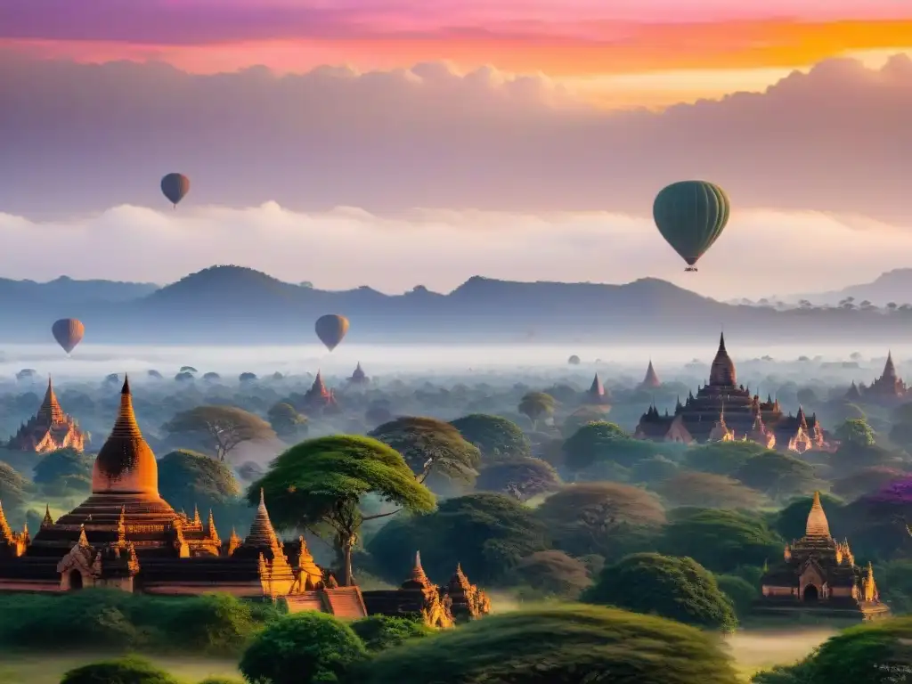 Vista panorámica de las Pagodas de Bagan en Myanmar al amanecer, con globos aerostáticos y un cielo colorido