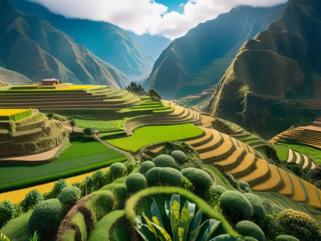 Vista panorámica de terrazas agrícolas en el Valle Sagrado de los Incas, con cultivos verdes vibrantes y estrategias económicas de los incas