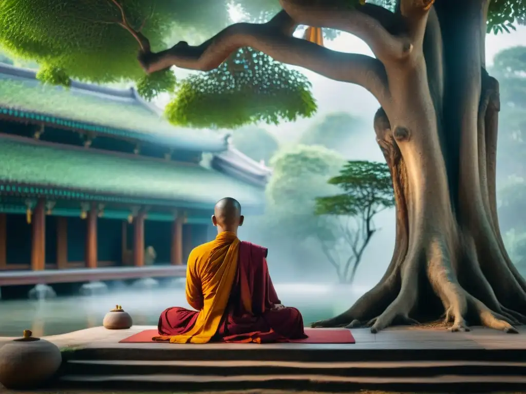 Vista serena de monjes meditando bajo un árbol Bodhi en templo budista, con arquitectura detallada y verdor exuberante