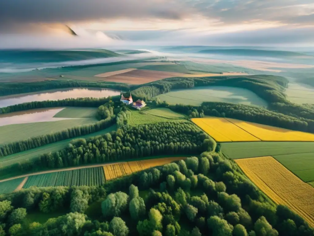 Vistas aéreas del campo ruso con aldeas de madera, ríos y bosques, evocando el origen de Rusia y eslavos