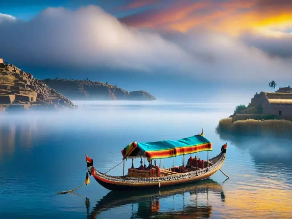 Vistas místicas del Lago Titicaca al atardecer con ruinas incas y leyendas incaicas, en armonía con la naturaleza