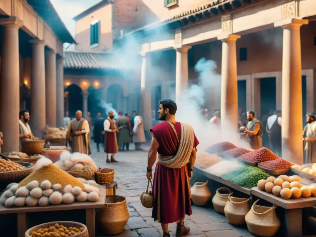 Viva escena de un mercado romano antiguo, con comerciantes intercambiando incienso en la economía antigua