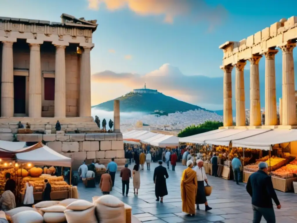 Vívida escena del bullicioso mercado en la antigua Atenas, mostrando el vibrante comercio y la economía en la Grecia Clásica