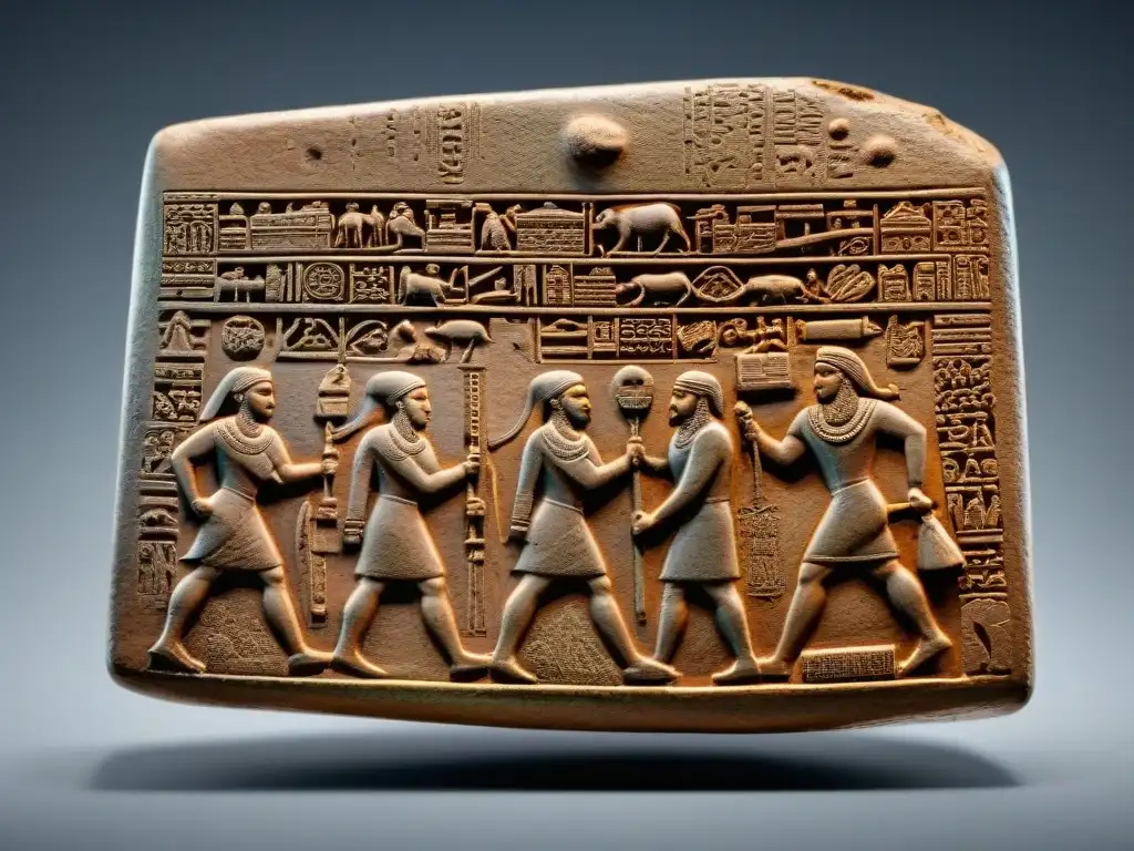 Tableta de arcilla mesopotámica: Mercado antiguo detallado Vívida escena de mercado en Mesopotamia antigua con comercio, agricultores y cuneiformes