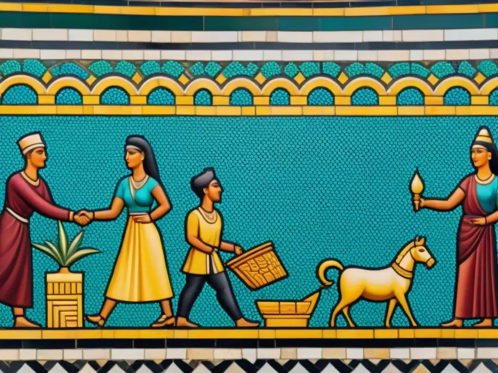 Mercado bullicioso en Carthage: Mosaico detallado Vívido mosaico de comercio y expansión en Cartago, con escenas de bullicioso mercado y coloridos detalles artesanales