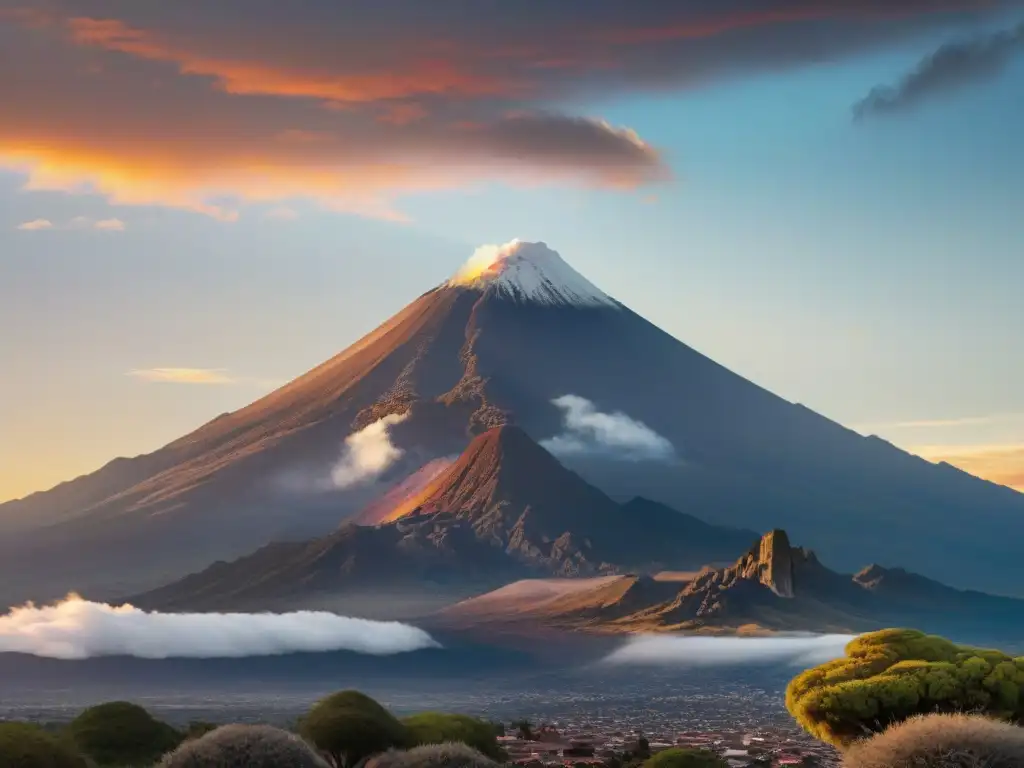 Volcanes y mitología mesoamericana: Popocatépetl e Iztaccíhuatl en la hora dorada, rodeados de símbolos aztecas en la roca