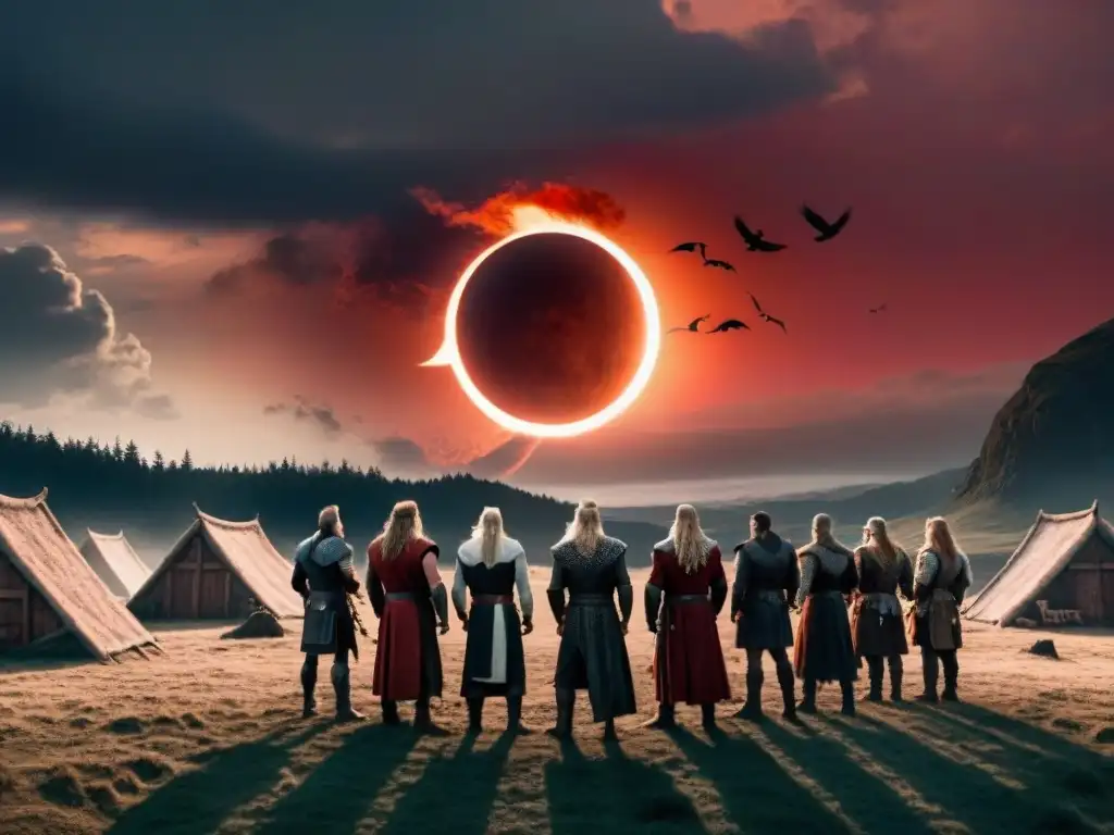 Norse warriors en un eclipse vikingo, con un aura de misterio y poder