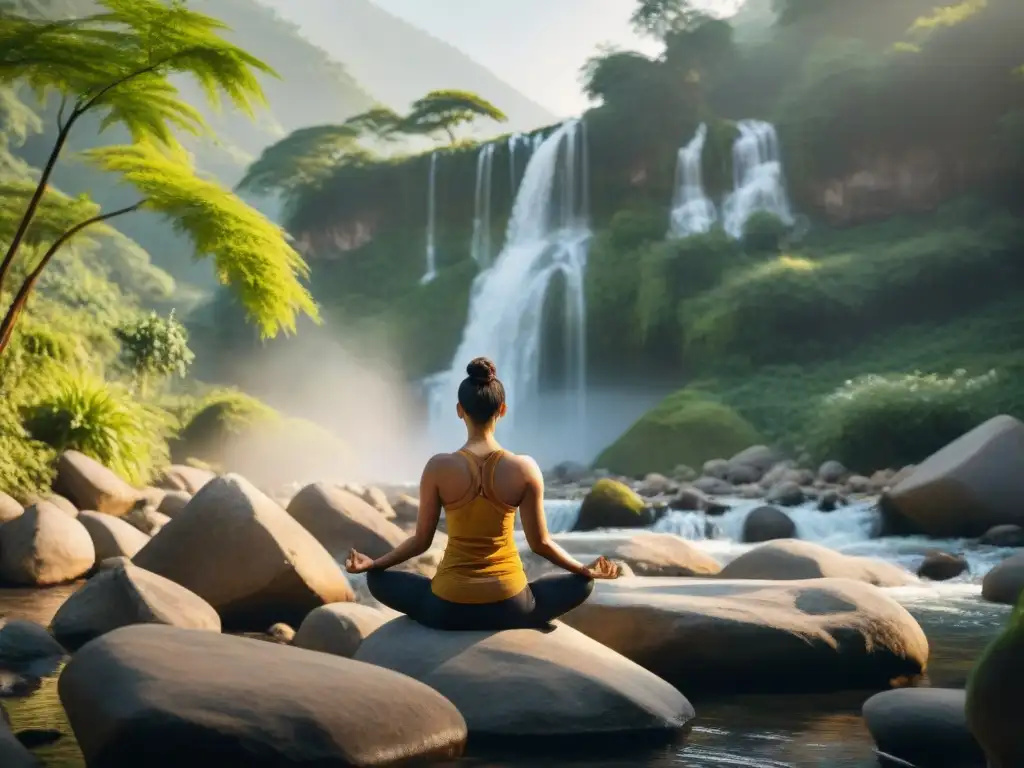 Práctica de yoga al amanecer en un ashram en el Himalaya, rodeado de naturaleza exuberante y cascadas, transmitiendo serenidad y conexión espiritual