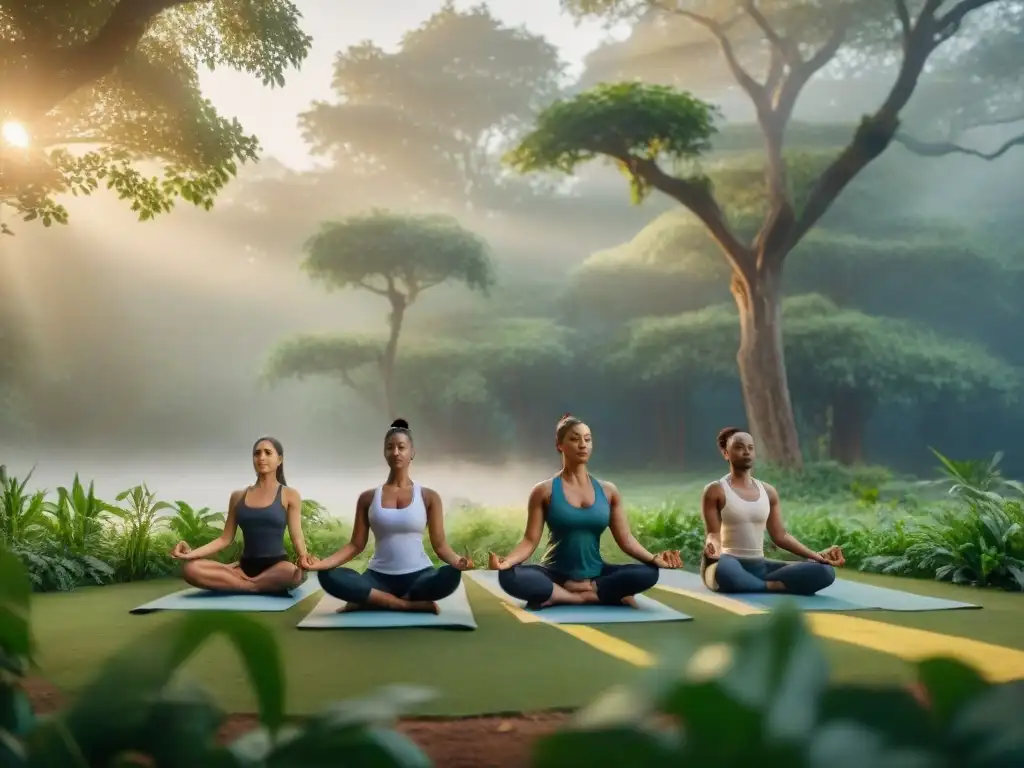 Práctica de yoga al amanecer en el bosque con significados mensajes ancestrales Yoga