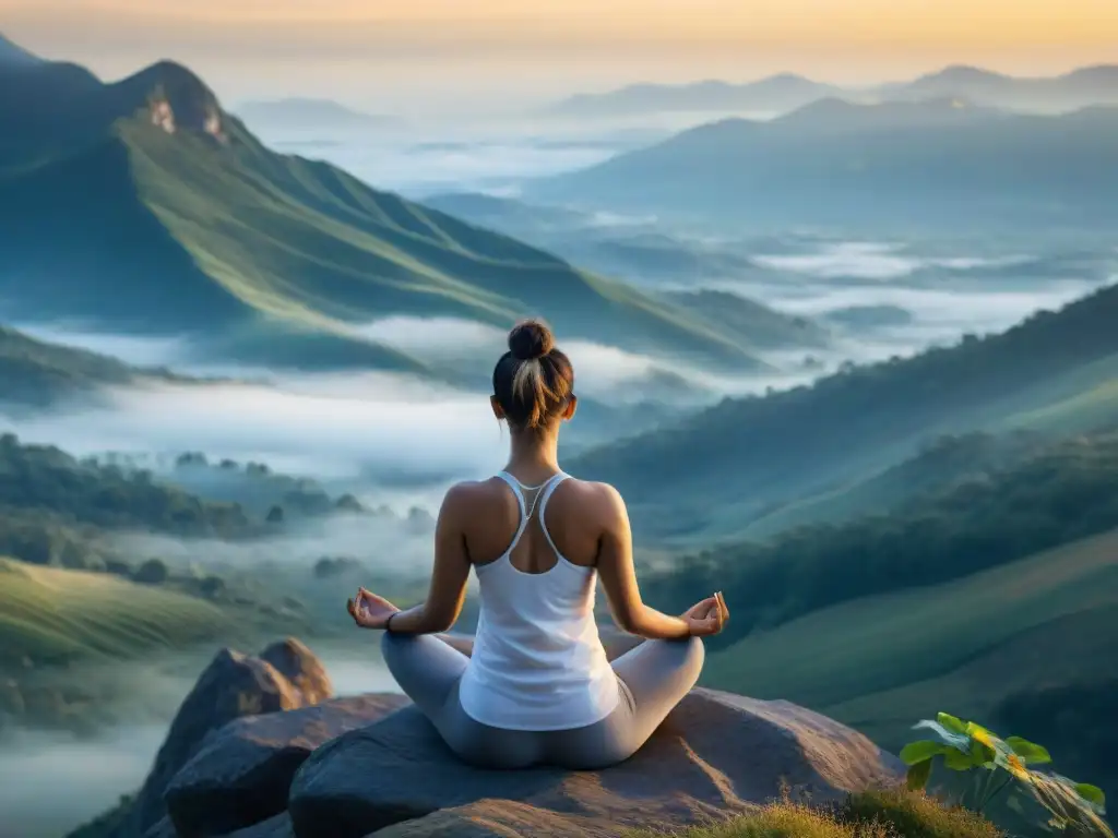 Práctica de yoga para despertar espiritual al amanecer en la cima de la montaña