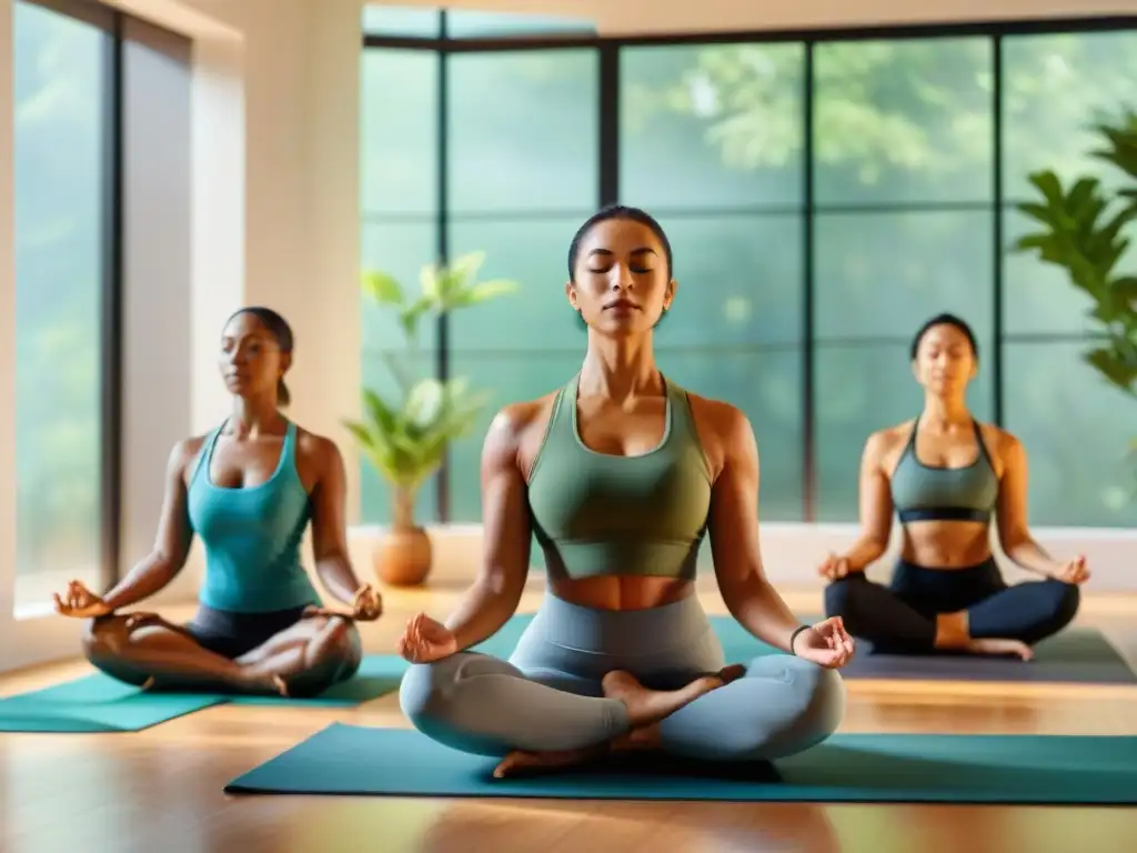 Práctica de yoga en estudio sereno con diversidad de personas disfrutando de los beneficios científicos del Yoga