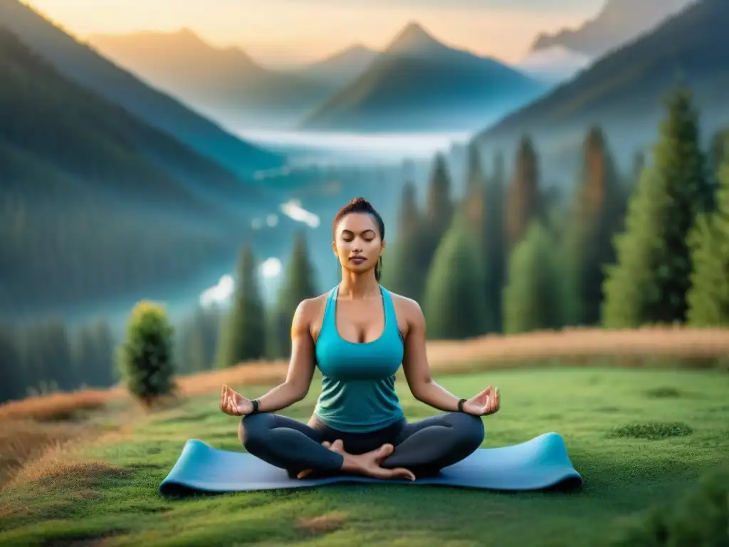 Práctica de yoga al amanecer en retiro de montaña, reflejando la filosofía del yoga aplicación práctica