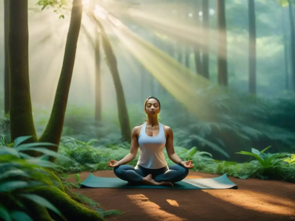 Práctica de yoga con significado espiritual en un bosque exuberante