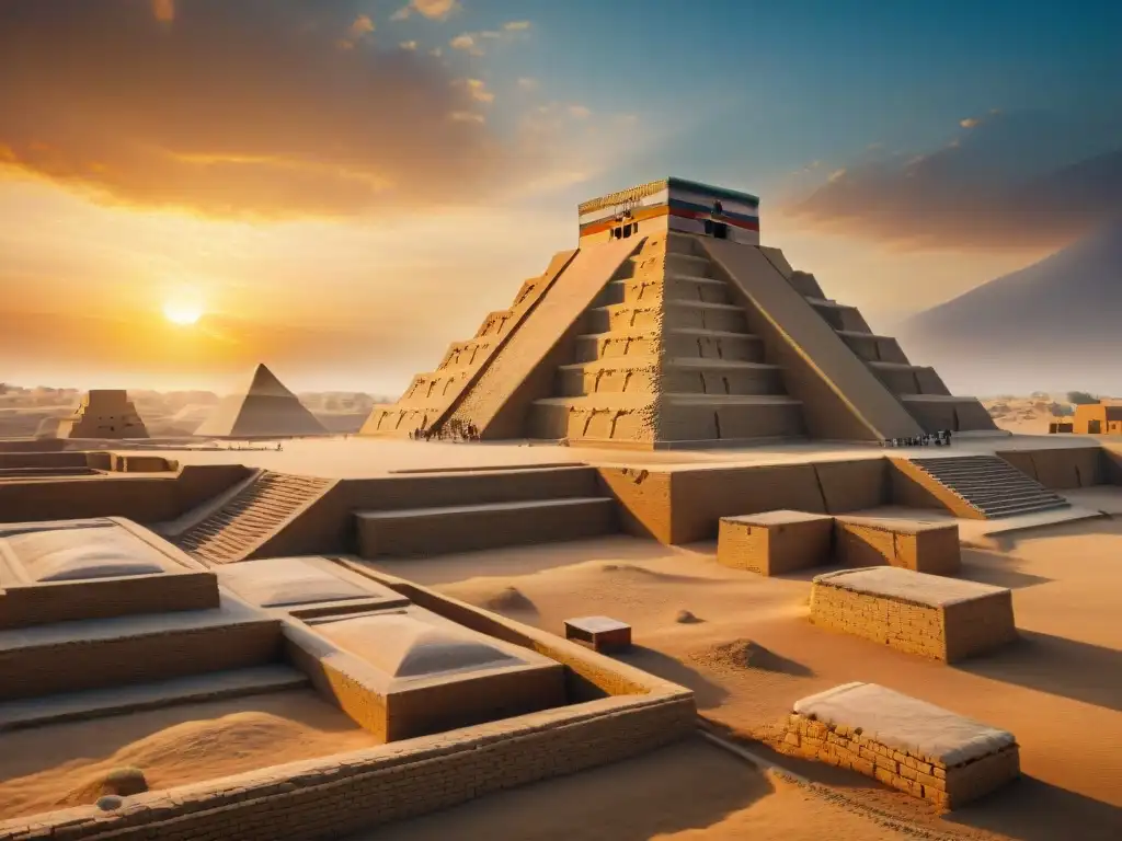 El ziggurat de Ur en un atardecer dorado revela los secretos de Ur Sumeria en una escena histórica vibrante