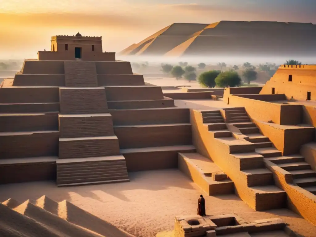 Ziggurat de Ur en atardecer, reflejando su grandeza con terrazas y ladrillos de arcilla