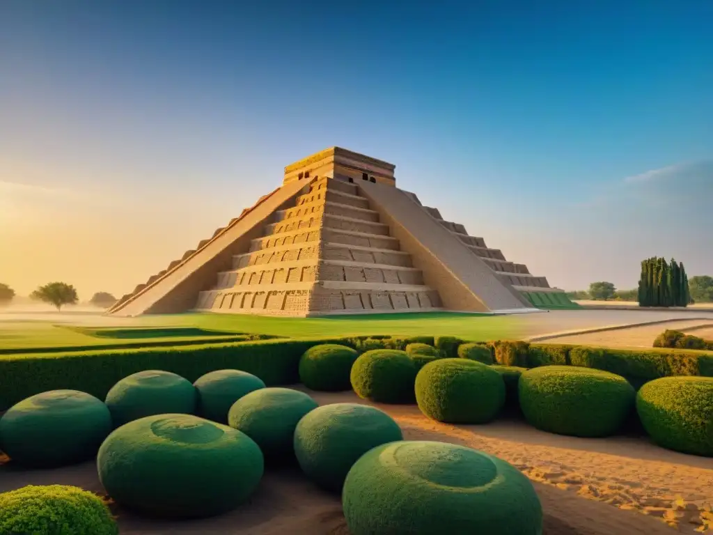 Un ziggurat sumerio al atardecer, bañado por la cálida luz dorada del sol, rodeado de vegetación exuberante